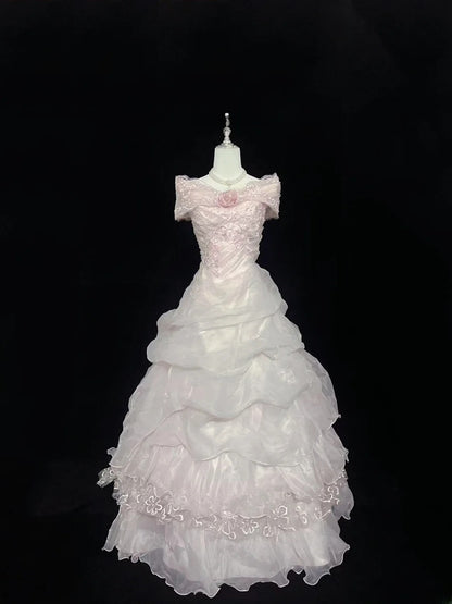 Cute Ball Gown Off The Shoulder Pink Organza With Tiered Layers Long Quince Dress Voluminous Sweet 16 Sweet Sixteen Outfits Vestido de 15 RB7576