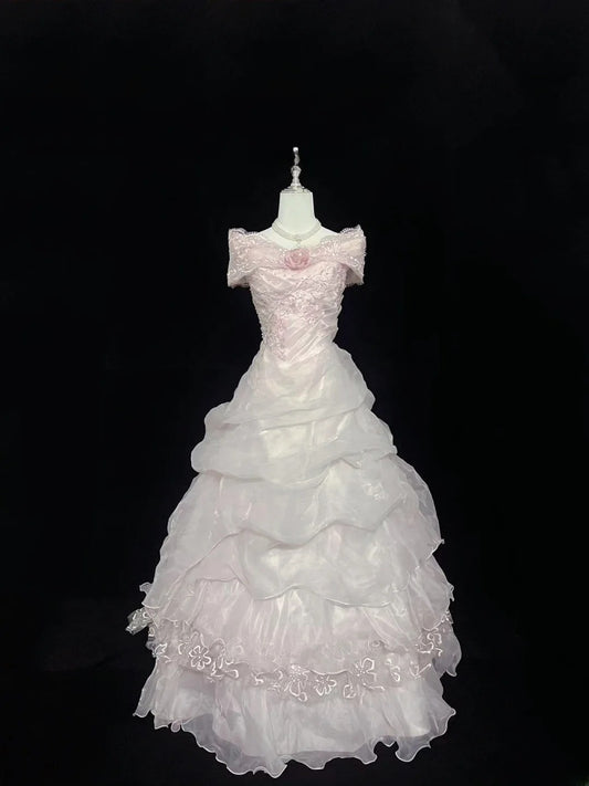 Cute Ball Gown Off The Shoulder Pink Organza With Tiered Layers Long Quince Dress Voluminous Sweet 16 Sweet Sixteen Outfits Vestido de 15 RB7576
