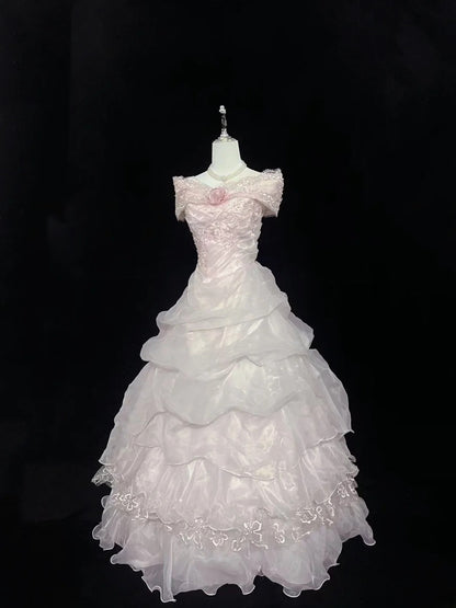 Cute Ball Gown Off The Shoulder Pink Organza With Tiered Layers Long Quince Dress Voluminous Sweet 16 Sweet Sixteen Outfits Vestido de 15 RB7576