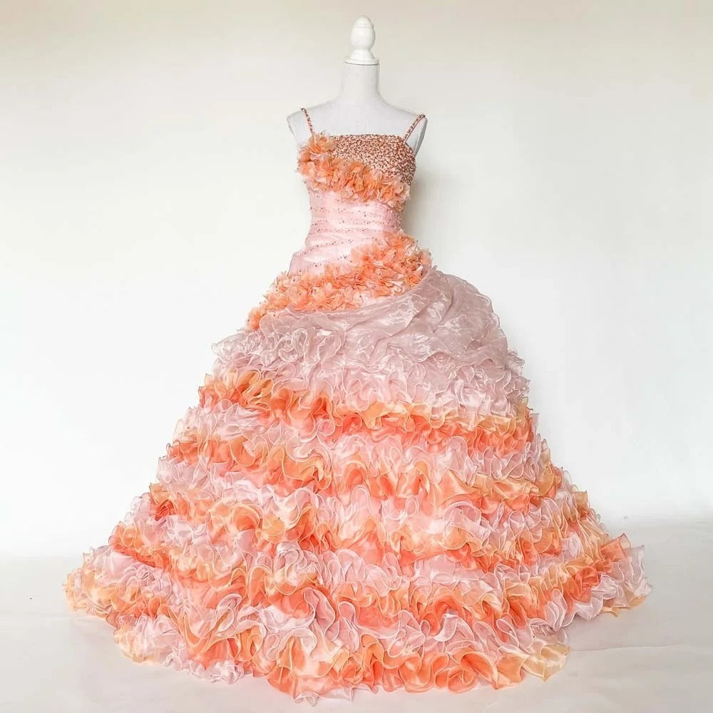Gothic Strapless Sweet 16 Ball Gown, Pink& Orange Layered Tulle Long Sweet Sixteen Formal Dress RB9964