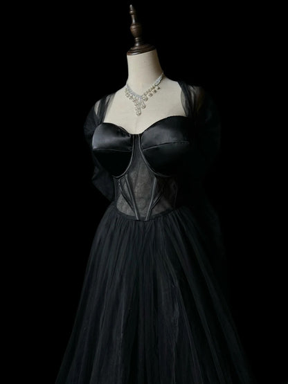 Vintage Prom Dresses A line Sweetheart Tulle Black Tie Dress With Sleeves Long Party Gown Formal Outfits RB5984