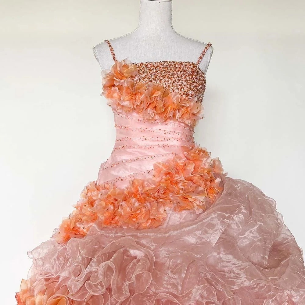 Gothic Strapless Sweet 16 Ball Gown, Pink& Orange Layered Tulle Long Sweet Sixteen Formal Dress RB9964