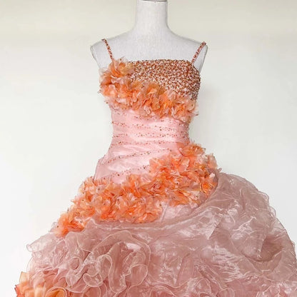 Gothic Strapless Sweet 16 Ball Gown, Pink& Orange Layered Tulle Long Sweet Sixteen Formal Dress RB9964