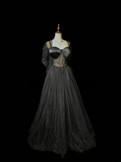 Vintage Prom Dresses A line Sweetheart Tulle Black Tie Dress With Sleeves Long Party Gown Formal Outfits RB5984