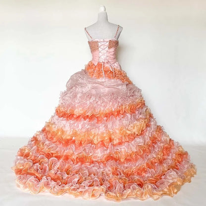 Gothic Strapless Sweet 16 Ball Gown, Pink& Orange Layered Tulle Long Sweet Sixteen Formal Dress RB9964