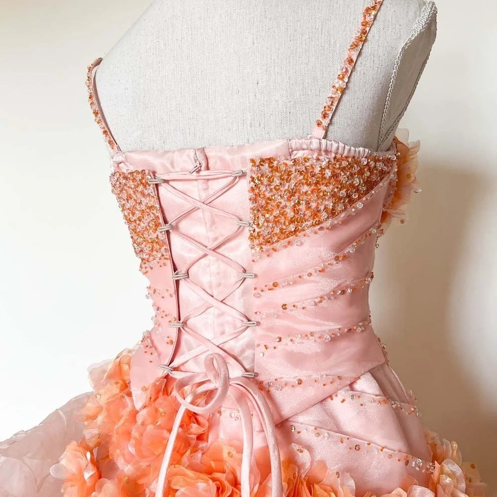 Gothic Strapless Sweet 16 Ball Gown, Pink& Orange Layered Tulle Long Sweet Sixteen Formal Dress RB9964