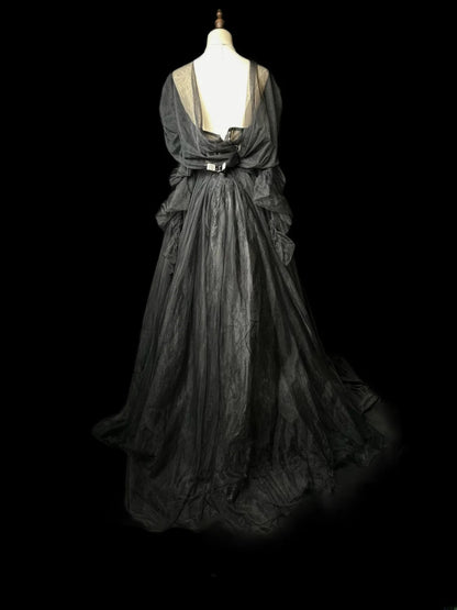 Vintage Prom Dresses A line Sweetheart Tulle Black Tie Dress With Sleeves Long Party Gown Formal Outfits RB5984