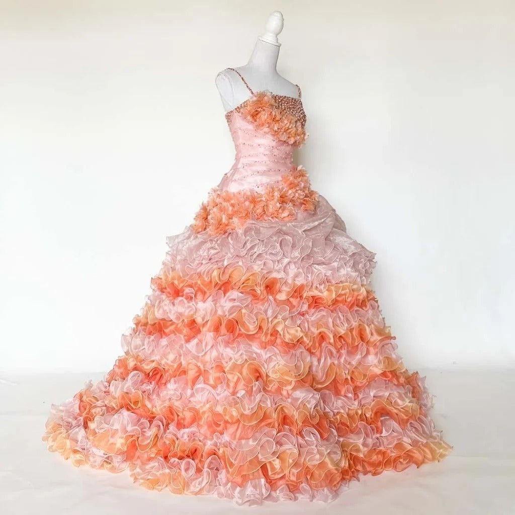 Gothic Strapless Sweet 16 Ball Gown, Pink& Orange Layered Tulle Long Sweet Sixteen Formal Dress RB9964