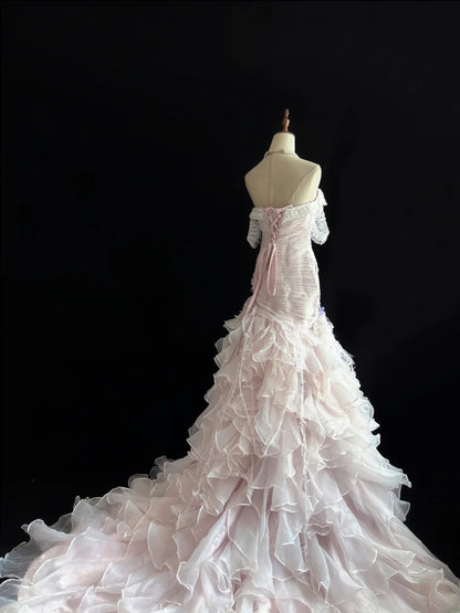 Beautiful Mermaid Sweetheart Pink Tulle With Tiered Layers Prom Dress Formal Outfits Party Dresses RB7577