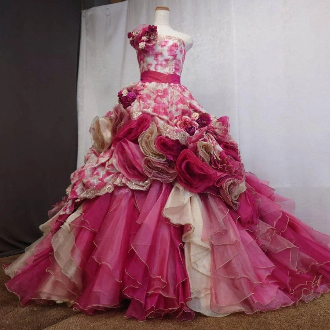 Cute Sweet 16 Dress Strapless Pink Ball Gown With 3D Flowers Tiered Layers Sweet Sixteen Dress RB9966