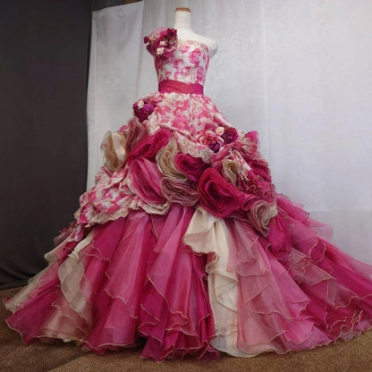 Cute Sweet 16 Dress Strapless Pink Ball Gown With 3D Flowers Tiered Layers Sweet Sixteen Dress RB9966