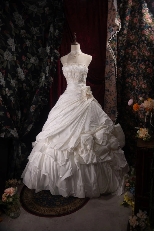 Vintage Ball Gown Strapless 2000s White With Ruffled Flower Long Autumn Winter Bridal Dress Wedding Dresses RB8373