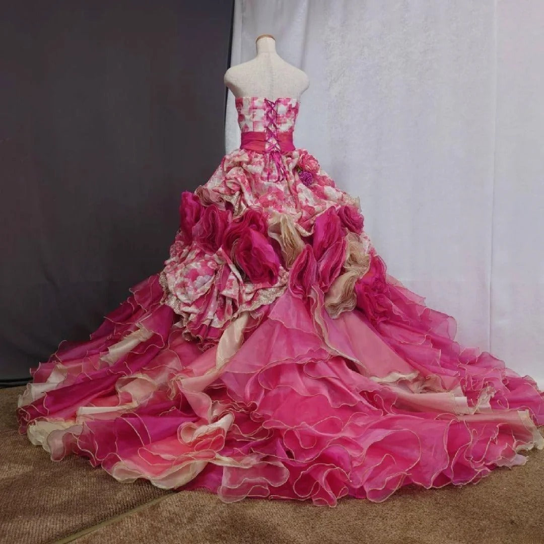 Cute Sweet 16 Dress Strapless Pink Ball Gown With 3D Flowers Tiered Layers Sweet Sixteen Dress RB9966