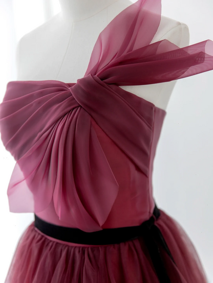 Robe de bal élégante bustier en tulle bordeaux, longue et formelle, idéale pour une soirée dansante ou un 18e anniversaire (AS177)