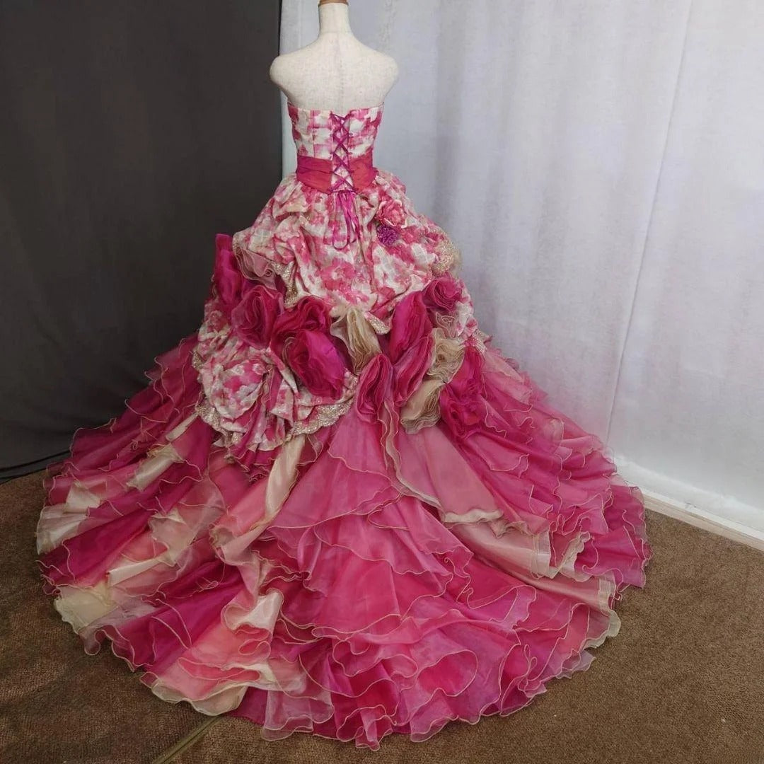 Cute Sweet 16 Dress Strapless Pink Ball Gown With 3D Flowers Tiered Layers Sweet Sixteen Dress RB9966