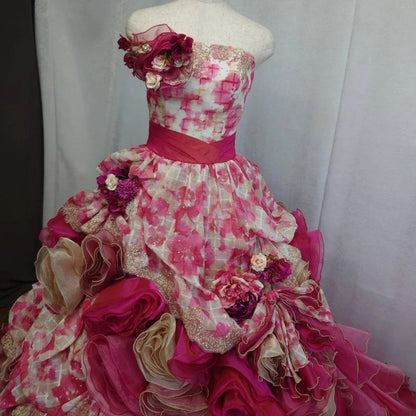 Cute Sweet 16 Dress Strapless Pink Ball Gown With 3D Flowers Tiered Layers Sweet Sixteen Dress RB9966