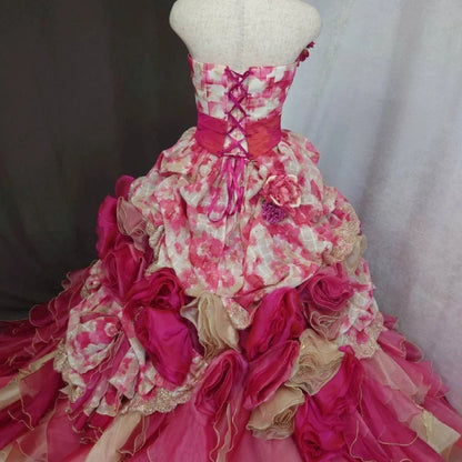 Cute Sweet 16 Dress Strapless Pink Ball Gown With 3D Flowers Tiered Layers Sweet Sixteen Dress RB9966