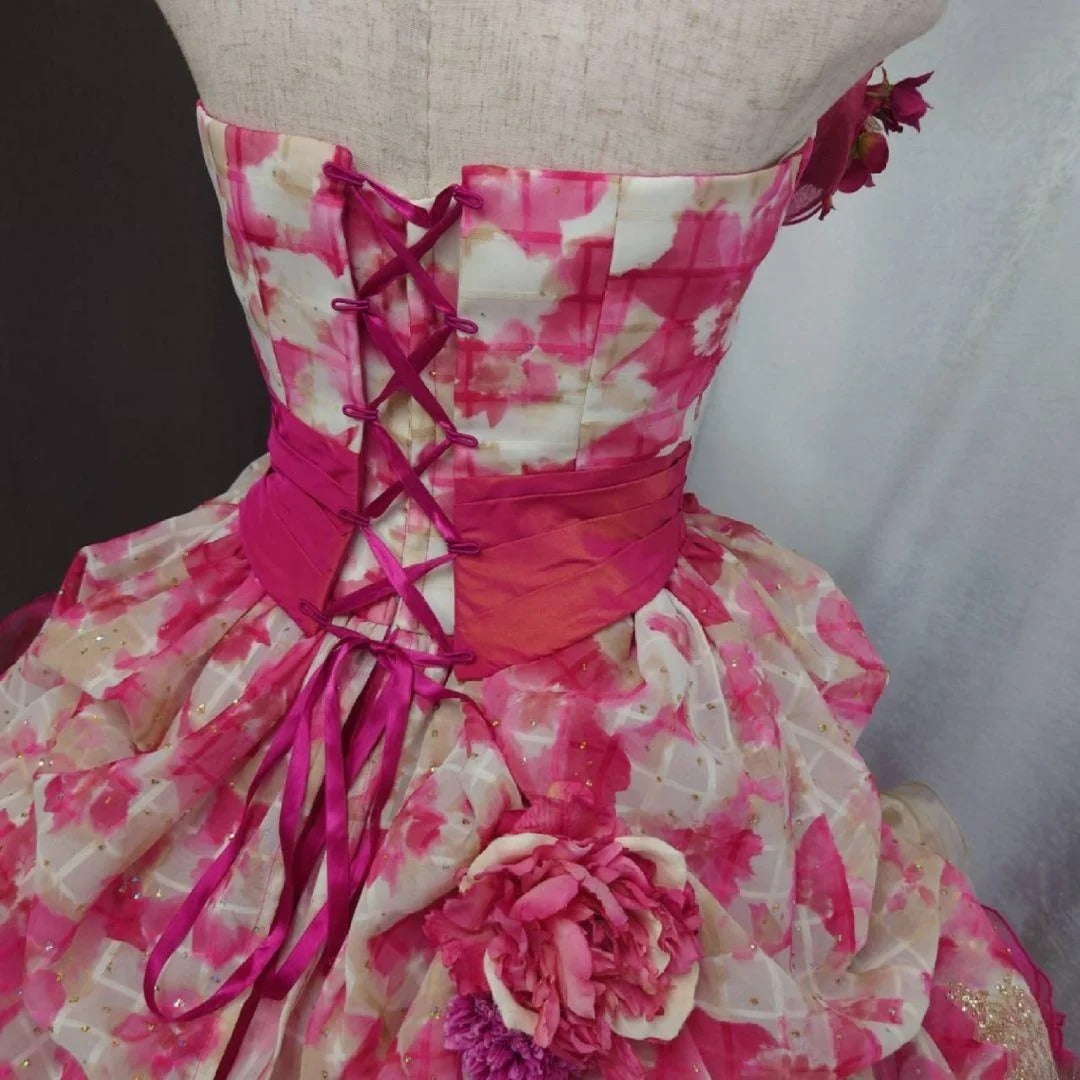 Cute Sweet 16 Dress Strapless Pink Ball Gown With 3D Flowers Tiered Layers Sweet Sixteen Dress RB9966