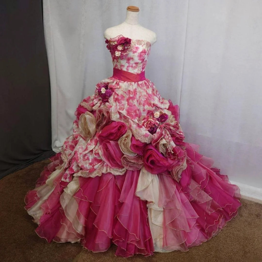 Cute Sweet 16 Dress Strapless Pink Ball Gown With 3D Flowers Tiered Layers Sweet Sixteen Dress RB9966