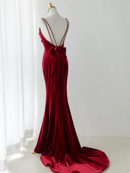 Robe de bal sirène sexy à fines bretelles en velours bordeaux foncé, style tendance pour adolescentes, robe de soirée, robe de bal AB1151