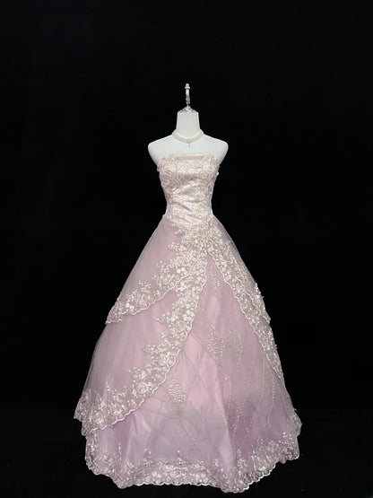Cute Ball Gown Strapless Pink Tulle With Lace Appliqued Long Quince Dress Voluminous Sweet 16 Sweet Sixteen Outfits Vestido de 15 RB7579