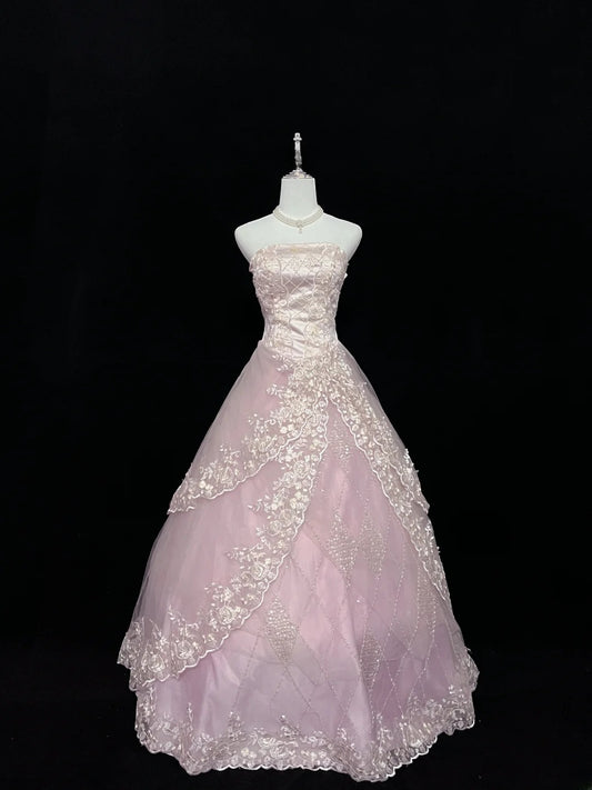 Cute Ball Gown Strapless Pink Tulle With Lace Appliqued Long Quince Dress Voluminous Sweet 16 Sweet Sixteen Outfits Vestido de 15 RB7579