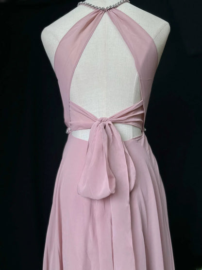 Vintage Prom Dresses A line Scoop Pink Chiffon With Slit Long Party Gown Formal Outfits RB5985