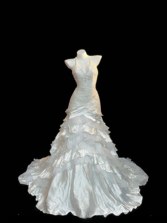 Vintage Style Mermaid Halter 1950s Satin With Tiered Layers Brides Gown Bridal Dress Long Wedding Dresses RB5790