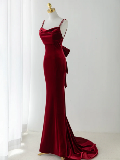 Robe de bal sirène sexy à fines bretelles en velours bordeaux foncé, style tendance pour adolescentes, robe de soirée, robe de bal AB1151