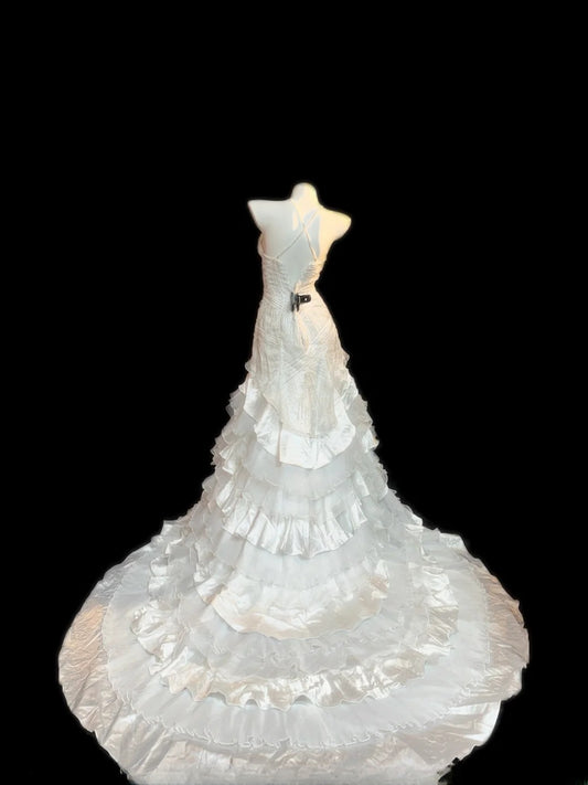 Vintage Style Mermaid Halter 1950s Satin With Tiered Layers Brides Gown Bridal Dress Long Wedding Dresses RB5790