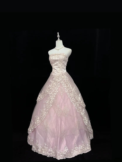 Cute Ball Gown Strapless Pink Tulle With Lace Appliqued Long Quince Dress Voluminous Sweet 16 Sweet Sixteen Outfits Vestido de 15 RB7579