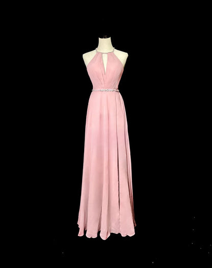 Vintage Prom Dresses A line Scoop Pink Chiffon With Slit Long Party Gown Formal Outfits RB5985