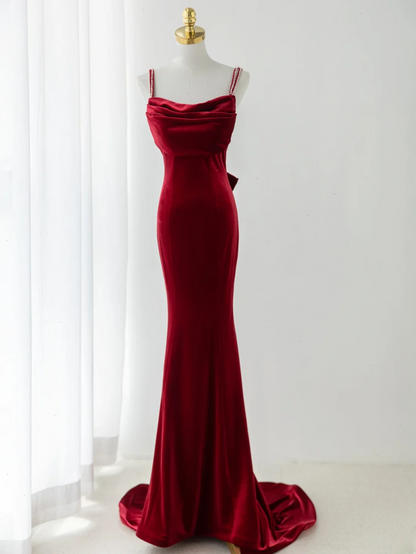 Robe de bal sirène sexy à fines bretelles en velours bordeaux foncé, style tendance pour adolescentes, robe de soirée, robe de bal AB1151