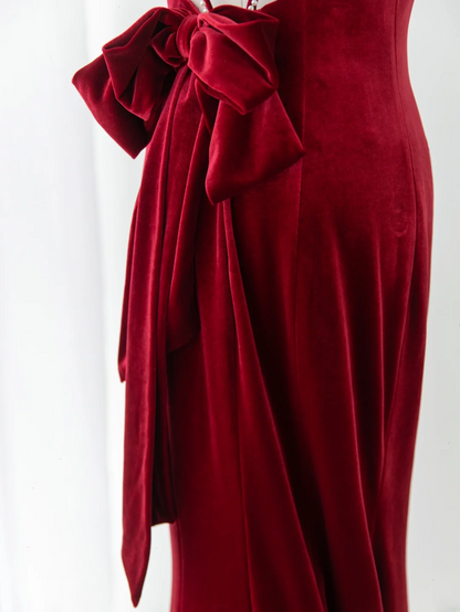 Robe de bal sirène sexy à fines bretelles en velours bordeaux foncé, style tendance pour adolescentes, robe de soirée, robe de bal AB1151