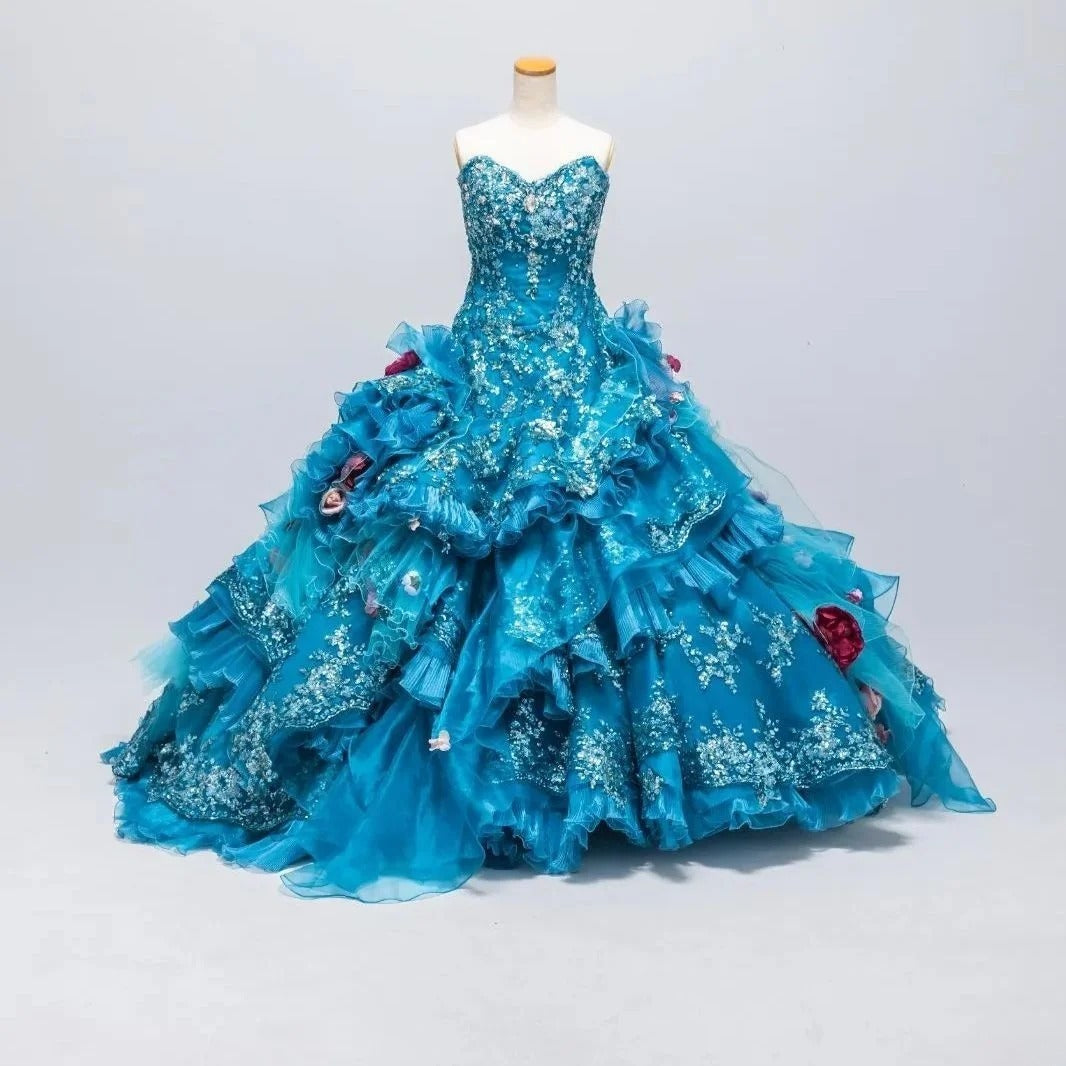 Gothic Sweetheart Sweet 16 Ball Gown, Blue Layered Tulle Long Sweet Sixteen Formal Dress RB9967