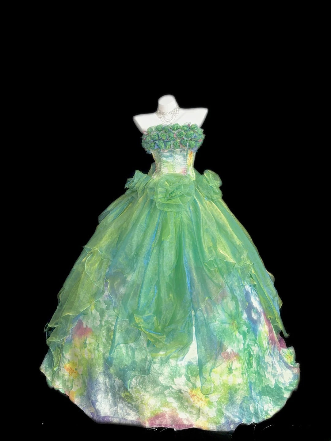 Prinzessin Ballkleid Trägerlos Grün Tüll Lang Mit 3D-Blumen Korsett Eng Anliegend Sweet 16 Kleider Siebzehn Quince Kleid RB3609