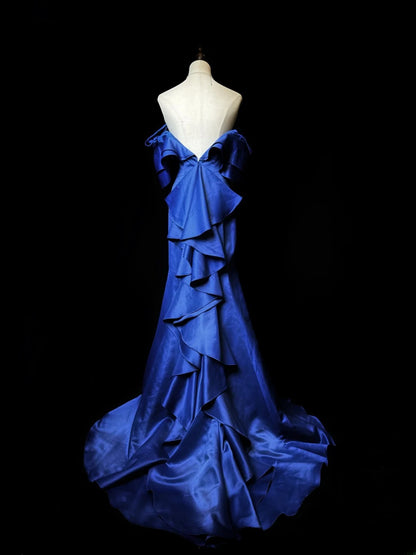 Modest Prom Dresses Mermaid Off The Shoulder Royal Blue Satin With Sleeves Long Formal Outfits RB5986