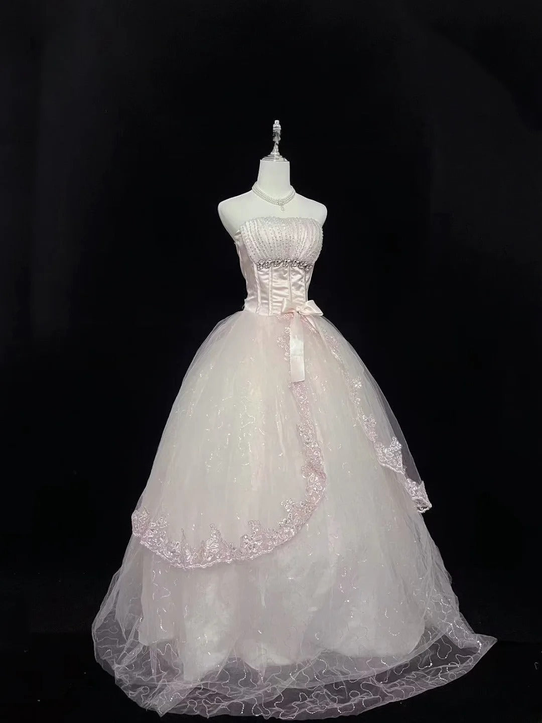 Cute Ball Gown Strapless Pink Tulle With Lace Beading Long Quince Dress Voluminous Sweet 16 Sweet Sixteen Outfits Vestido de 15 RB7580