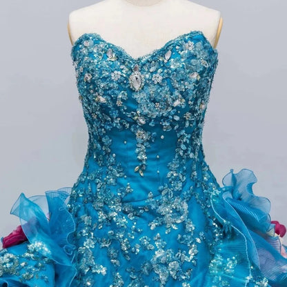 Gothic Sweetheart Sweet 16 Ball Gown, Blue Layered Tulle Long Sweet Sixteen Formal Dress RB9967