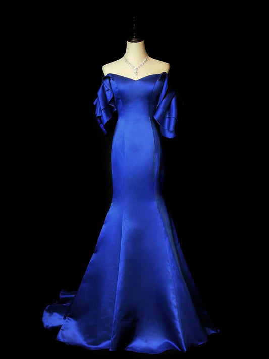 Modest Prom Dresses Mermaid Off The Shoulder Royal Blue Satin With Sleeves Long Formal Outfits RB5986