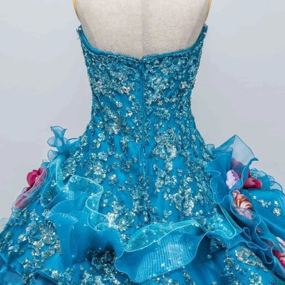 Gothic Sweetheart Sweet 16 Ball Gown, Blue Layered Tulle Long Sweet Sixteen Formal Dress RB9967
