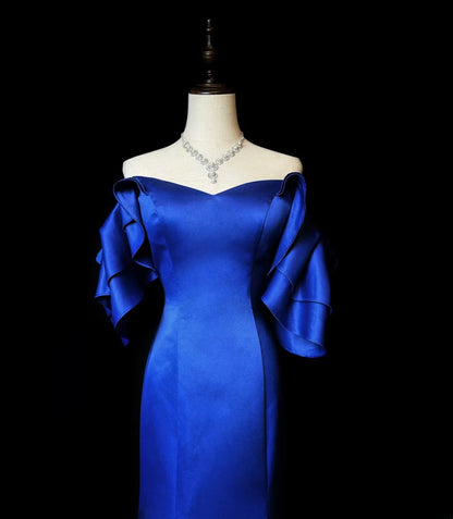 Modest Prom Dresses Mermaid Off The Shoulder Royal Blue Satin With Sleeves Long Formal Outfits RB5986