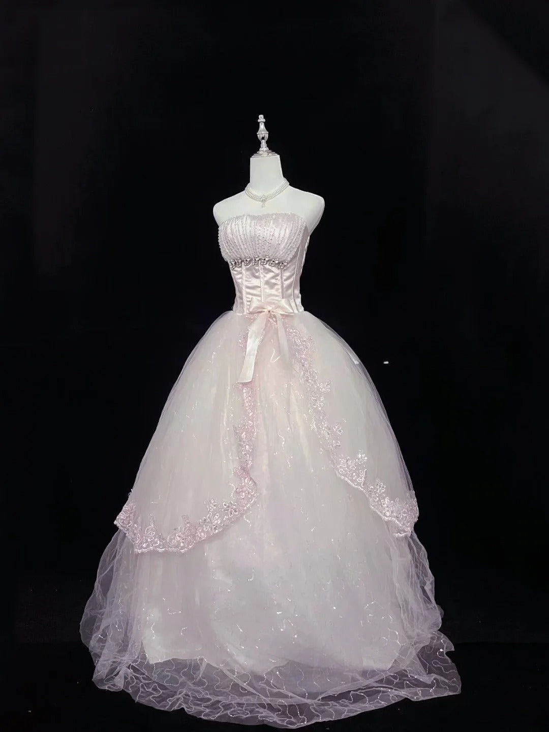 Cute Ball Gown Strapless Pink Tulle With Lace Beading Long Quince Dress Voluminous Sweet 16 Sweet Sixteen Outfits Vestido de 15 RB7580
