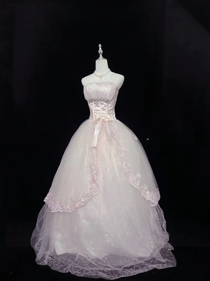 Cute Ball Gown Strapless Pink Tulle With Lace Beading Long Quince Dress Voluminous Sweet 16 Sweet Sixteen Outfits Vestido de 15 RB7580