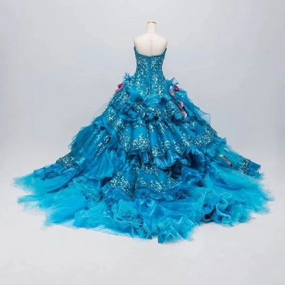 Gothic Sweetheart Sweet 16 Ball Gown, Blue Layered Tulle Long Sweet Sixteen Formal Dress RB9967