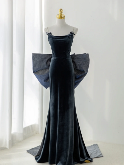 Robe de bal sirène sexy à fines bretelles en velours bleu marine, style tendance pour adolescentes, robe de soirée, robe de bal AS180