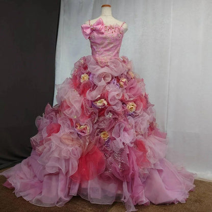 Cute Sweet 16 Dress Straps Pink Ball Gown With 3D Flowers Tiered Layers Sweet Sixteen Dress RB9968