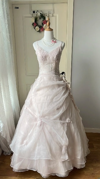 Quinceañera-Kleid für den 15. Geburtstag, Ballkleid mit Spaghettiträgern, Pink mit Perlenbesatz, langes Geburtstagsballkleid RC0543