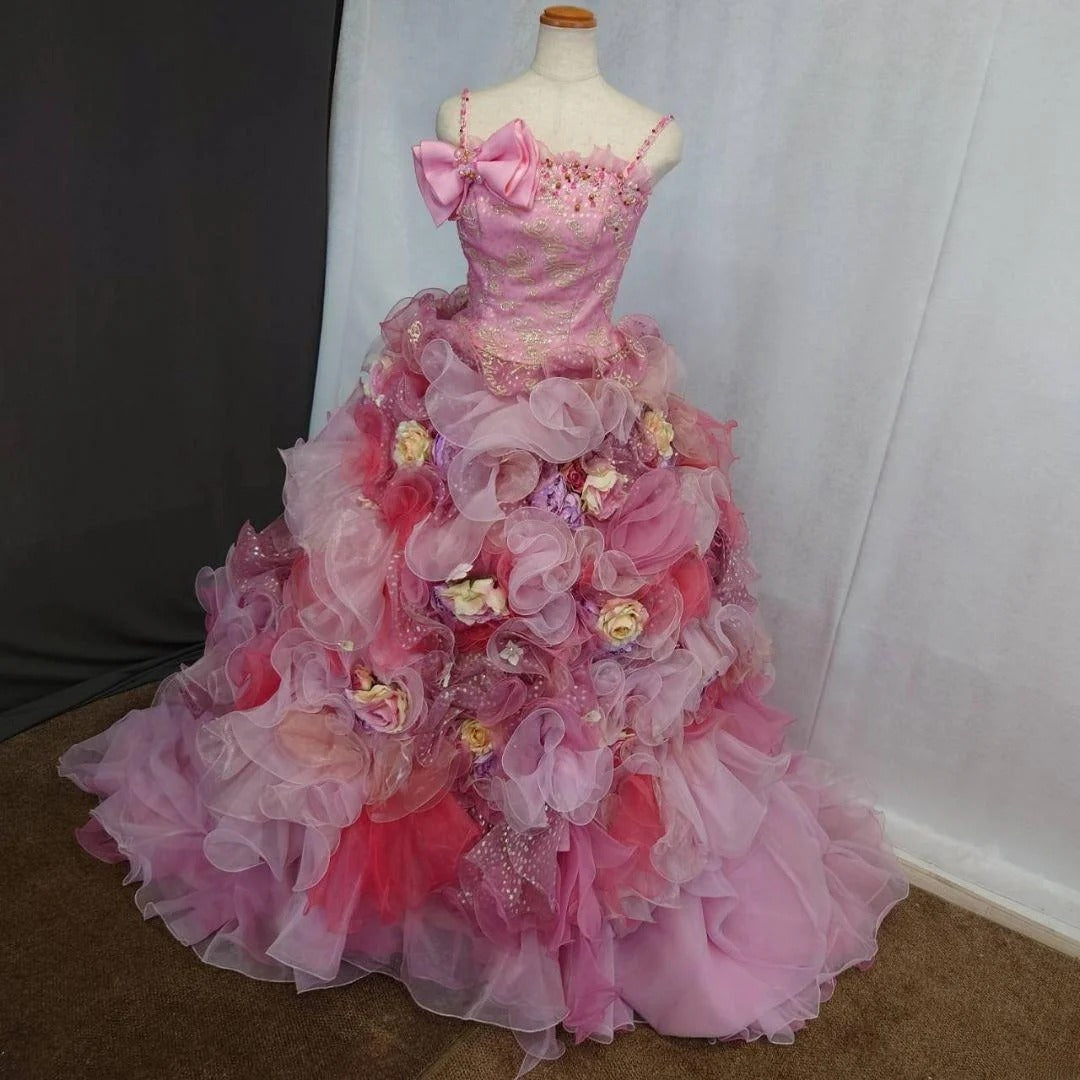 Cute Sweet 16 Dress Straps Pink Ball Gown With 3D Flowers Tiered Layers Sweet Sixteen Dress RB9968