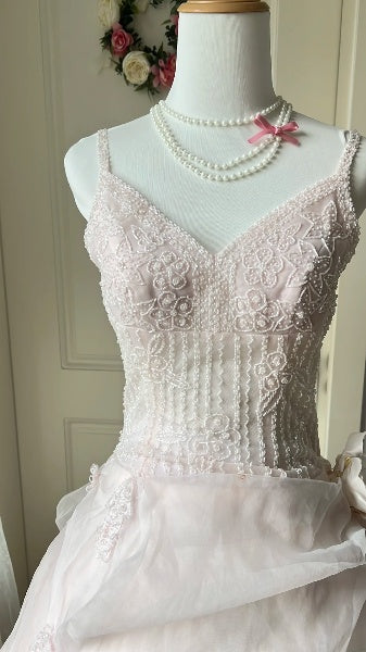 Quinceañera-Kleid für den 15. Geburtstag, Ballkleid mit Spaghettiträgern, Pink mit Perlenbesatz, langes Geburtstagsballkleid RC0543